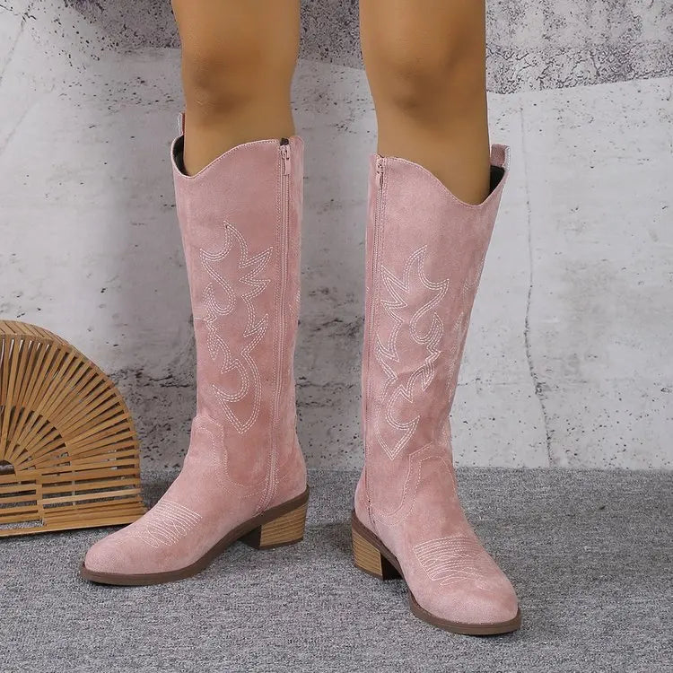 Women Chelsea Cowboy Knee High Boots for Women Mid Heels Walking Shoes Winter Fashion Zipper Chunky Boots Pumps Punk High Botas