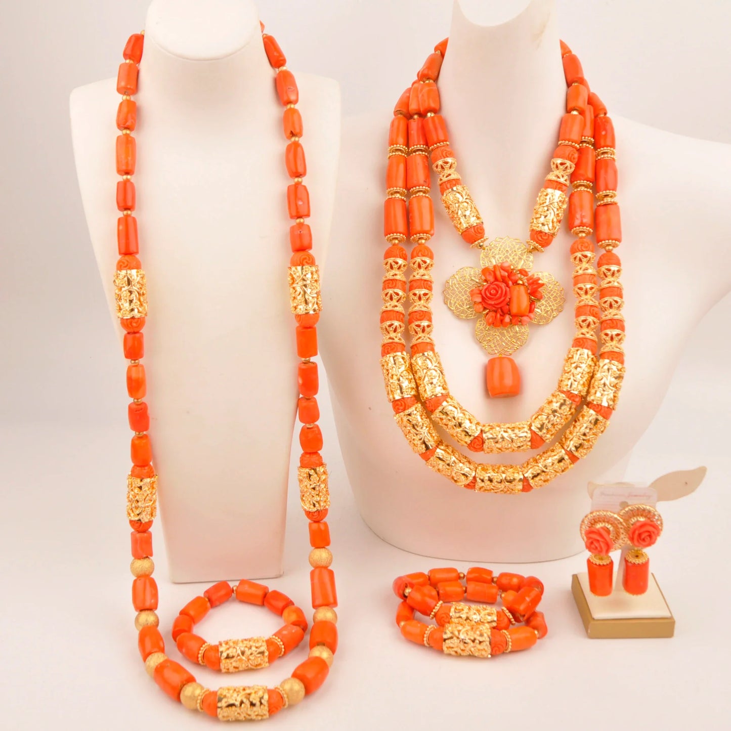 Natural coral beads orange necklace set for stylish Nigerian wedding couple African jewelry