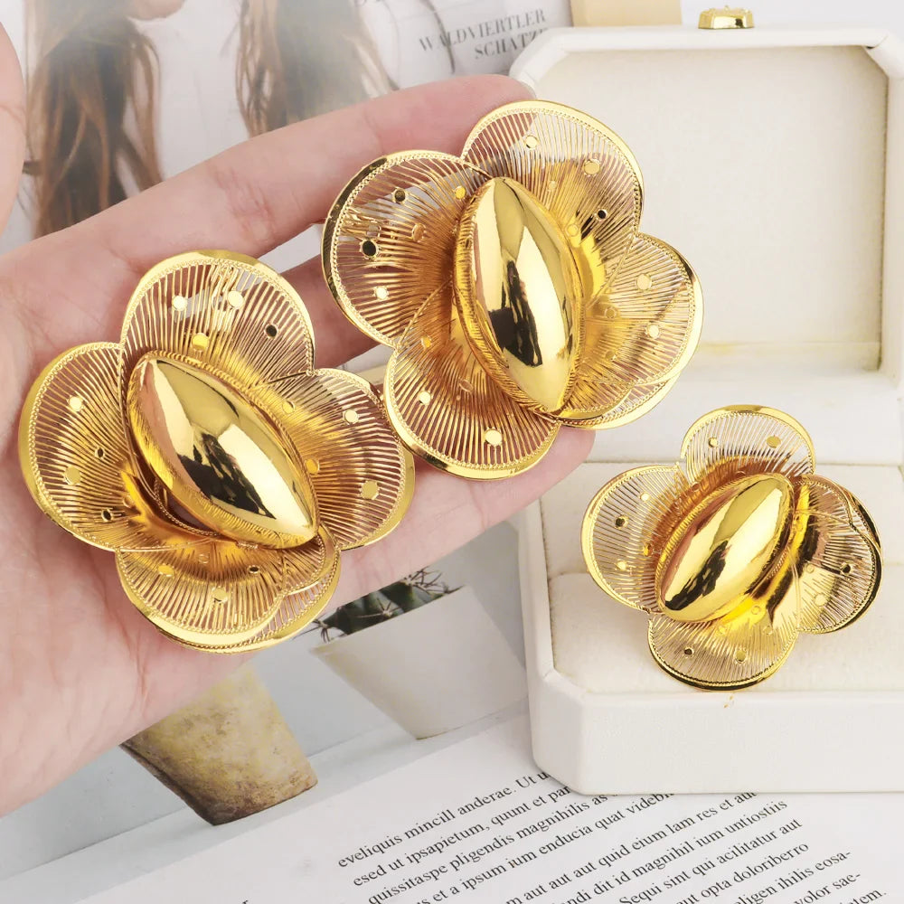 Luxury Exaggerated Gold Color Flower Shape Necklace Earrings Ring Bracelet Set for Women Jewelry Accessories Gift for Party