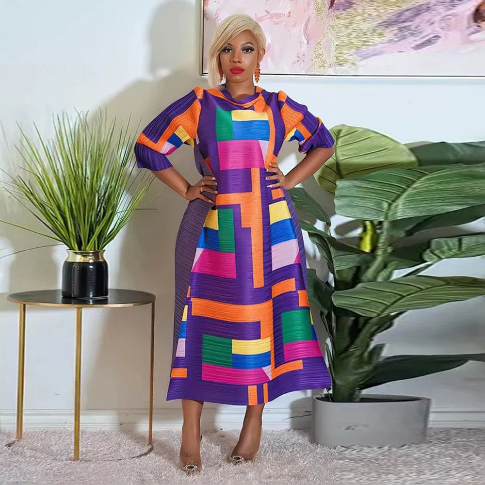 2023 Fashion African 3/4 Sleeve Polyester Plus Size O-Neck Pleated Long Dress Dashiki African Clothes African Dresses for Women