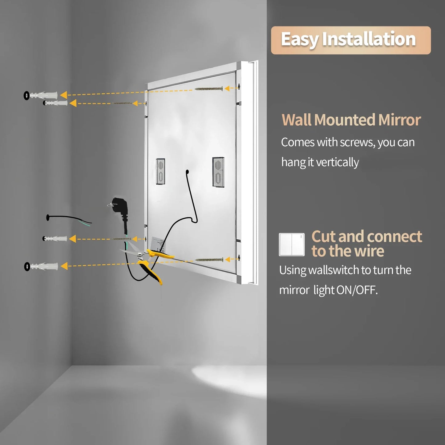 Dual Lighted Bluetooth Music LED Bathroom Mirror Touch Antifog Wall Vanity Mirror 3 Colors Adjustable Round/Square