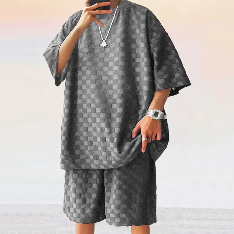 Men White Jacquard Checkered Short Sleeve Shorts Set Men's High-End Two-Piece Summer Trendy Clothing One Set Match Male Fashion