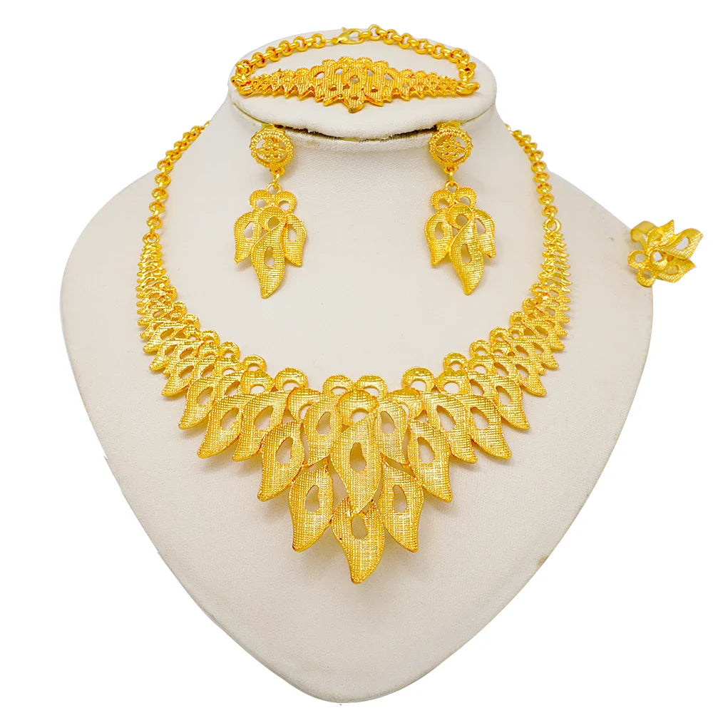Indian Dubai Gold Color Jewelry Sets For Women Earring & Necklace Nigeria Moroccan Bridal Wedding Party Gifts