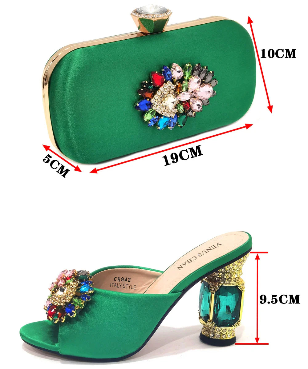 2022 Yellow Color Luxury Rhinestone Heel Fashion Party Women's High Heels Elegant Evening Sandals Wedding Bags and Shoes with