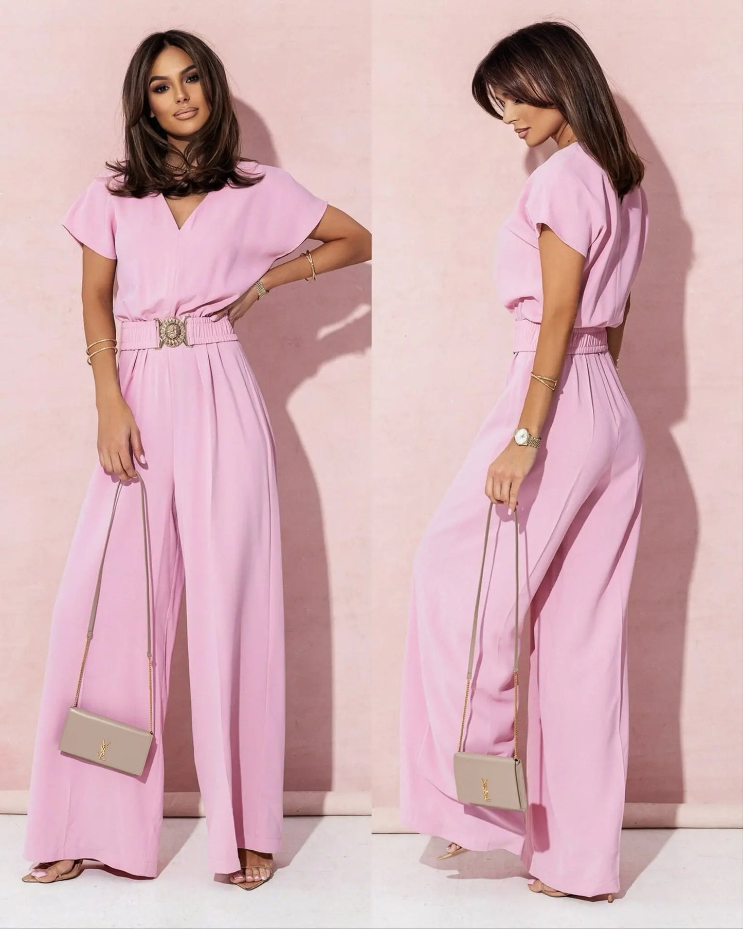 Fashion V-neck Short Sleeve High Waist Jumpsuit Women 2024 Summer Solid Wide Leg Elegant Romper Vintage Jumpsuits Overalls Women