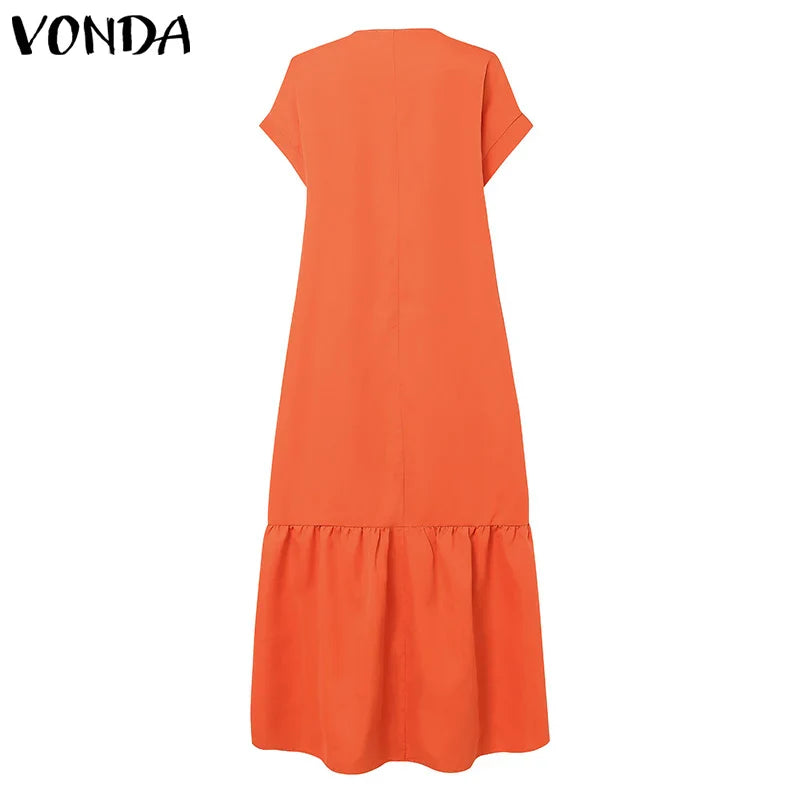 Plus Size Women Bohemian Dress Summer Sundress Solid Color Casual Short Sleeve Party
