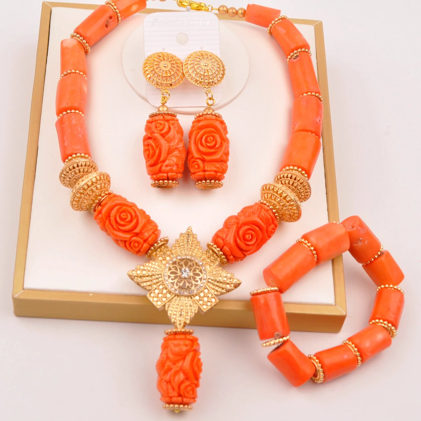 Natural coral beads orange necklace set for stylish Nigerian wedding couple African jewelry
