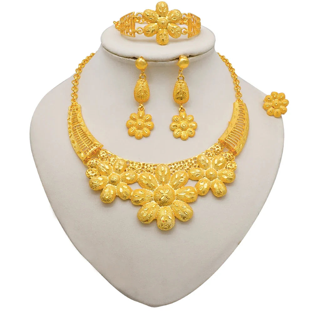 Indian Dubai Gold Color Jewelry Sets For Women Earring & Necklace Nigeria Moroccan Bridal Wedding Party Gifts