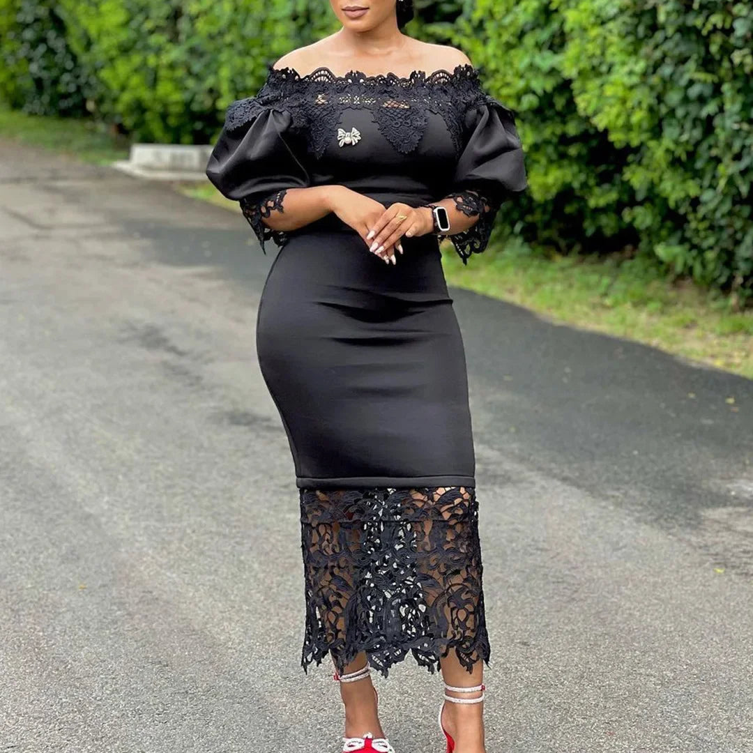 Trend Fashion Lace Midi Dress Women Slash Collar Short Sleeve Stitching Off-Neck Dress High Waist Solid Color Bodycon Sexy Dress