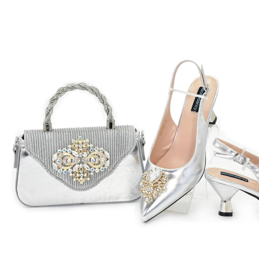 Fashion African Matching Shoes and Bags for Party Nigerian Women Nigerian Italian Shoes and Bags Set Decorated with Rhinestone