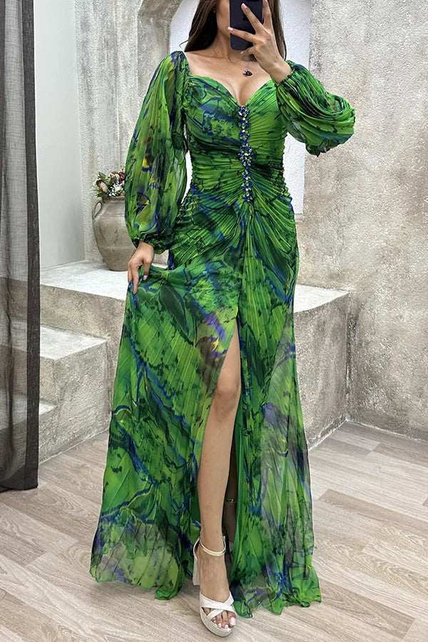 Women Floral Lantern Long Sleeve Dress Elegant Rhinestone Off Shoulder Maxi Dresses Sexy Deep V-neck  Waist Split Parties Dress