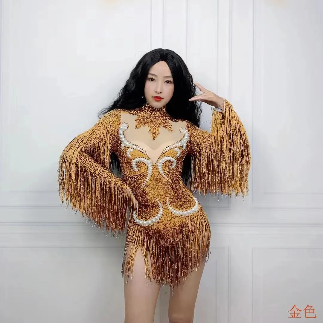 Stage Latin dance cha-cha dance practice suit stretch slim skirt fringe flash small diamond pearl design suit
