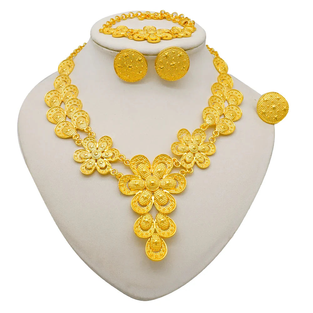 Indian Dubai Gold Color Jewelry Sets For Women Earring & Necklace Nigeria Moroccan Bridal Wedding Party Gifts