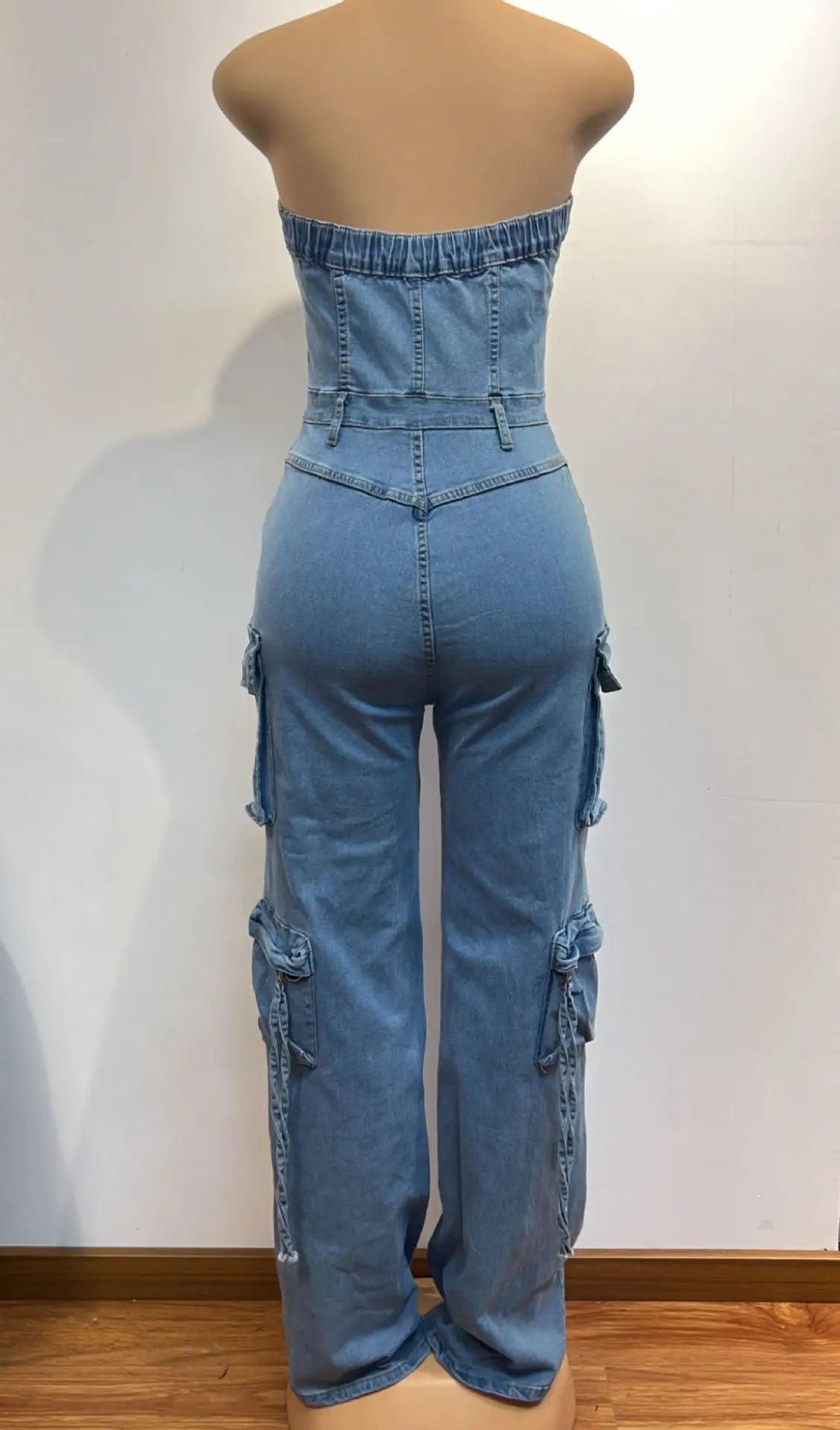 CM.YAYA Women Strapless Sleeveless Wide Leg Jeans Jumpsuits Button Pockets Cargo Street Night Playsuit One Piece Suit Rompers