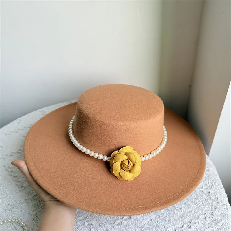 Women's Fashionable Fedora Hat 10CM Wide Brim Flat Top Felt Hats For Wedding And Jazz