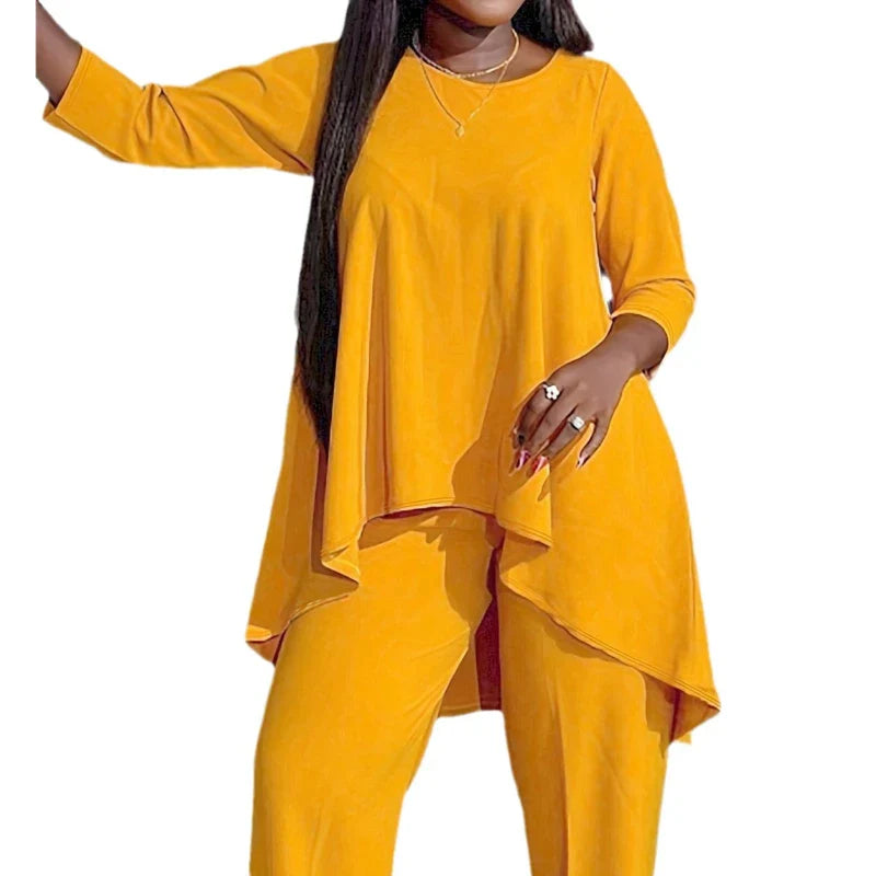 Women Two Piece Sets Pant Set Round Neck Matching Sets Casual Loose Irregularity Tops Long Pants Elegant Splice Y2k Streetwear