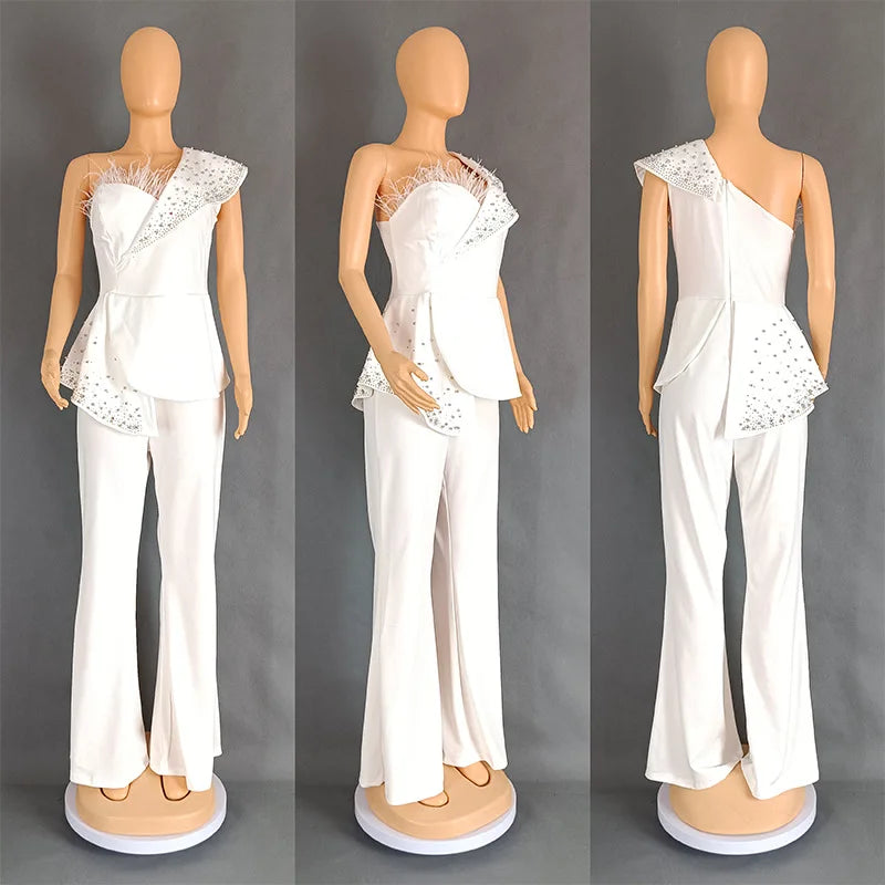 CM.YAYA Vintage Pearl Feather Sleeveless Patchwork Women Party Evening Prom Straight Jumpsuits 2024 Summer Sexy Playsuit Outfit