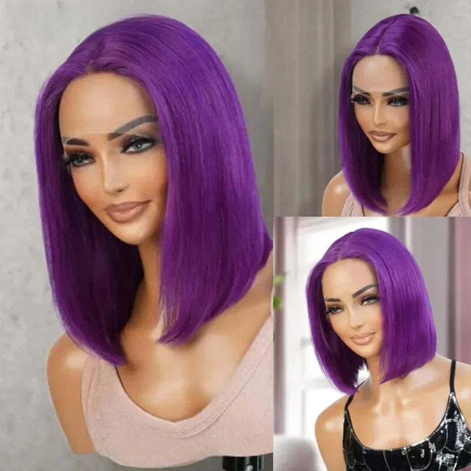 Brazilian Cosplay Purple Hair 13x5x1 T Part Transparent Lace Front Human Hair Wigs 180D  Short Straight Lace Bob Wigs Human Wigs