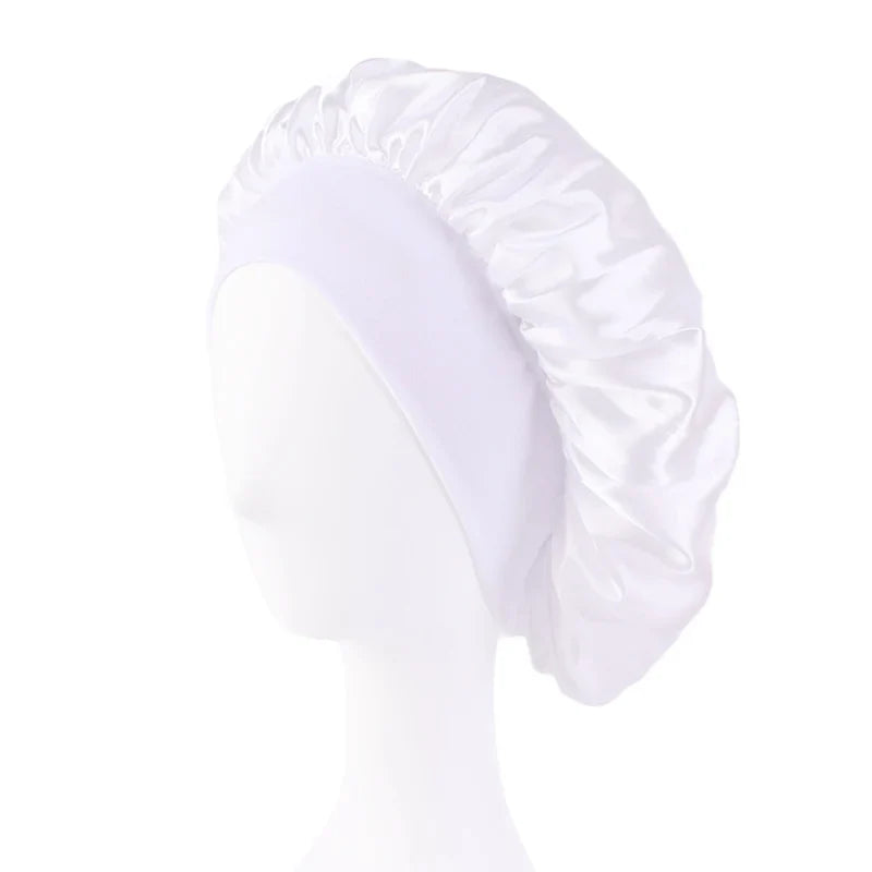 Women's Satin Solid Bonnets Wide-brimmed Night Sleeping Bathing Hat Unisex Head Wrap Elastic Band Cap Hair Care Bonnet