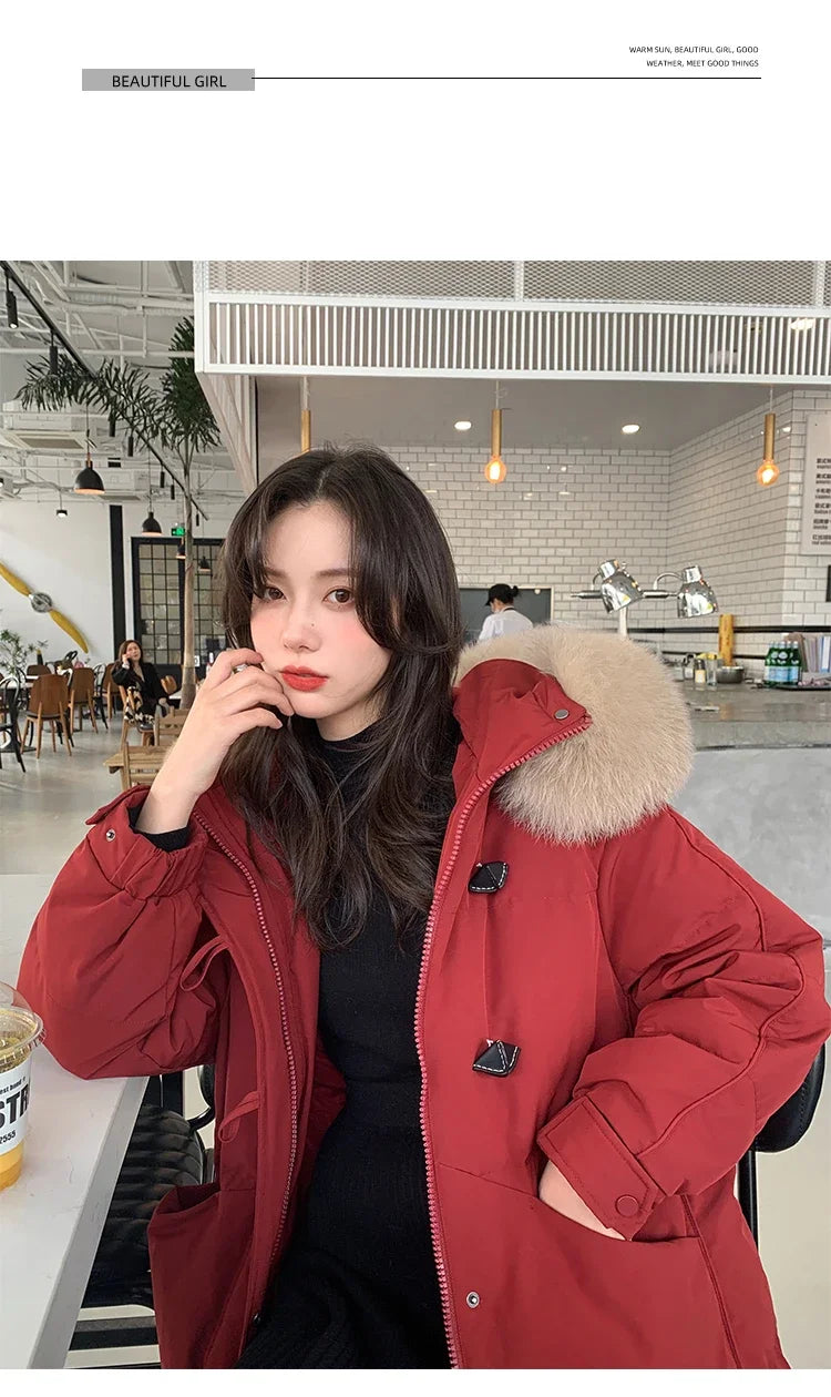 Women's Large Fur Collar Hooded Warm Thick Padded Parka Jacket