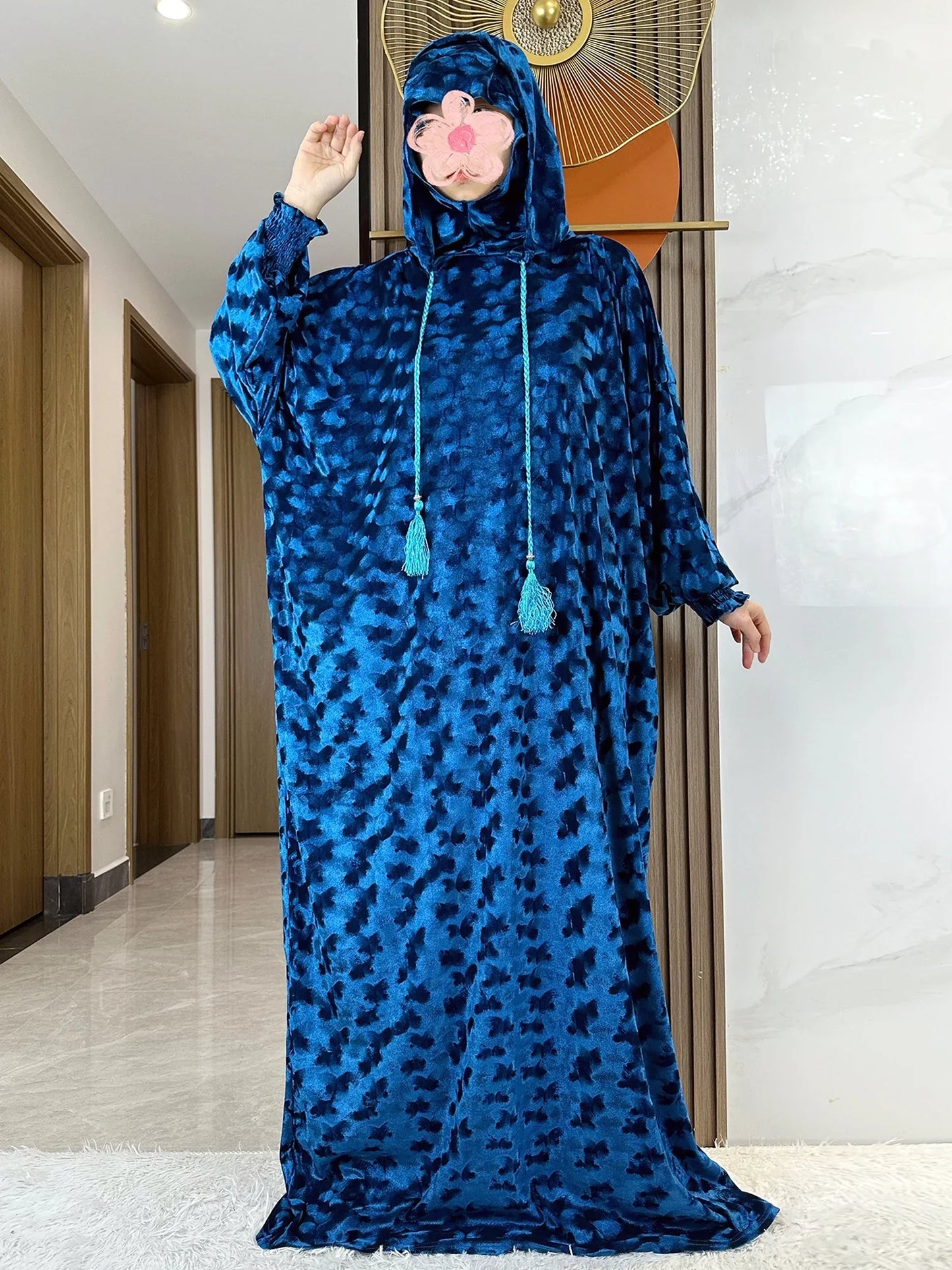 High Quality Velvet Fabric 2025 Ramadan Muslim Lady's Abaya Two-Hats Dubai Turkey Style Islamic Prayer Clothing Kaftan Dress