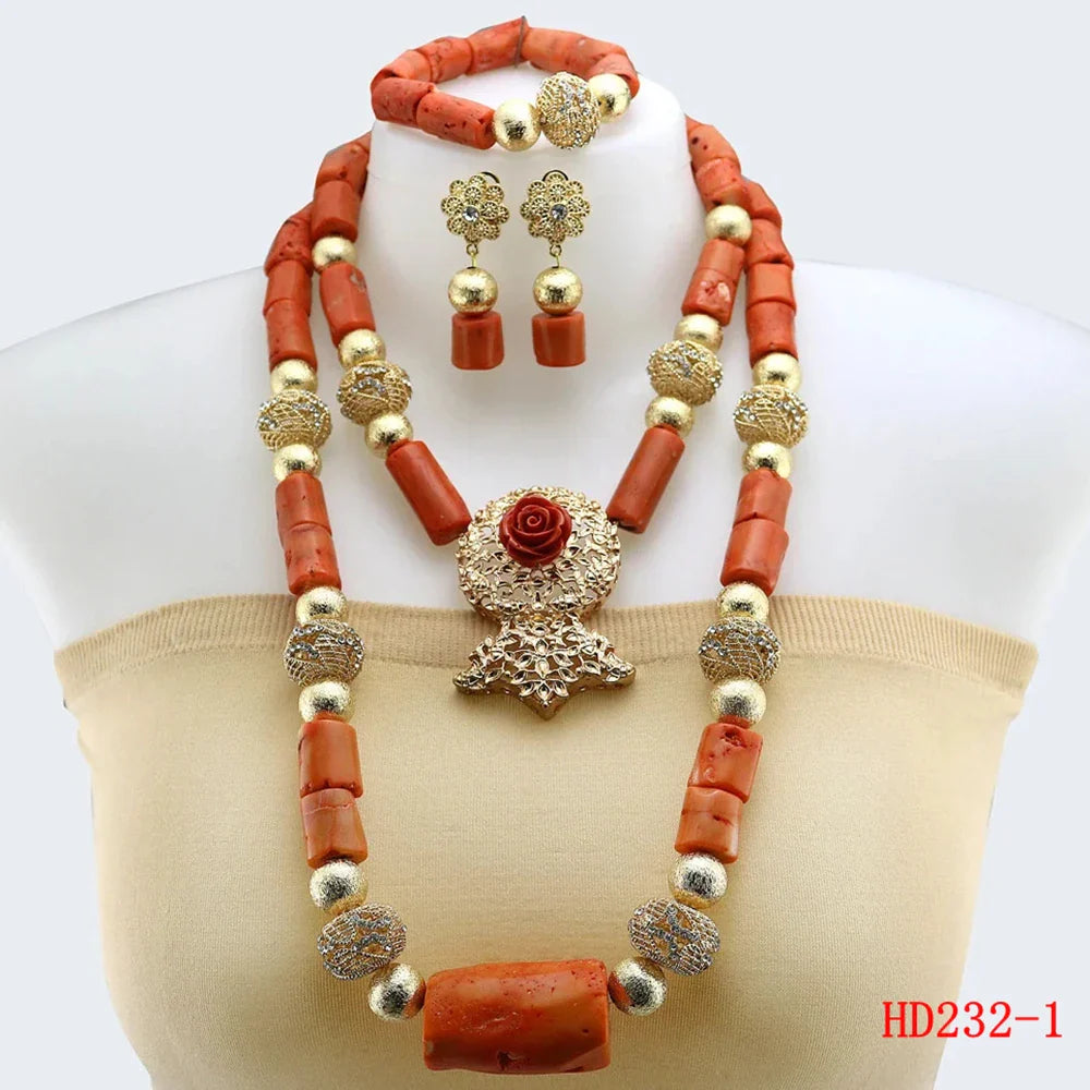 Double Layered Original Coral Nigerian Wedding Beads Jewellery Women Coral Costume Necklace Set