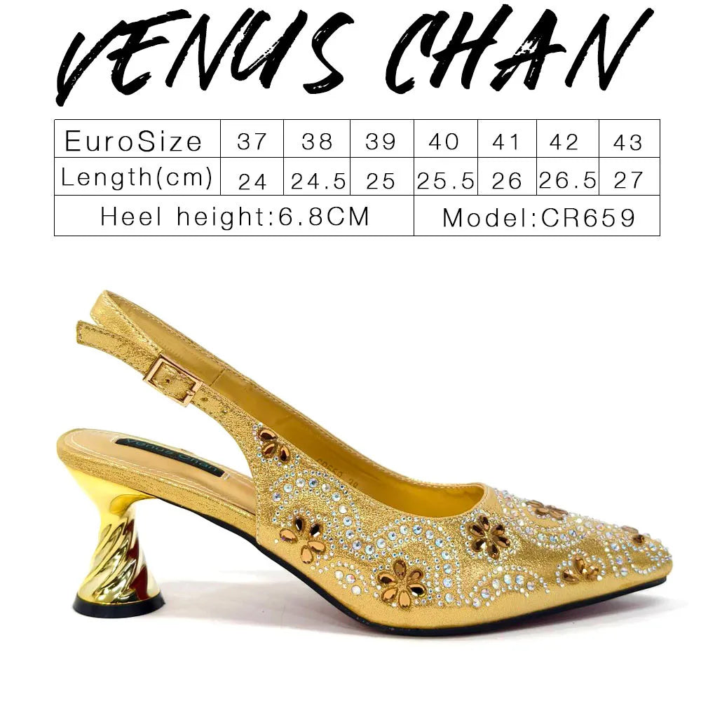 Elegant And Sexy Fuchsia Color High Heels Shoes And Bag With Rhinestone Embellished Toe Is Comfortable Women's Shoes For Party