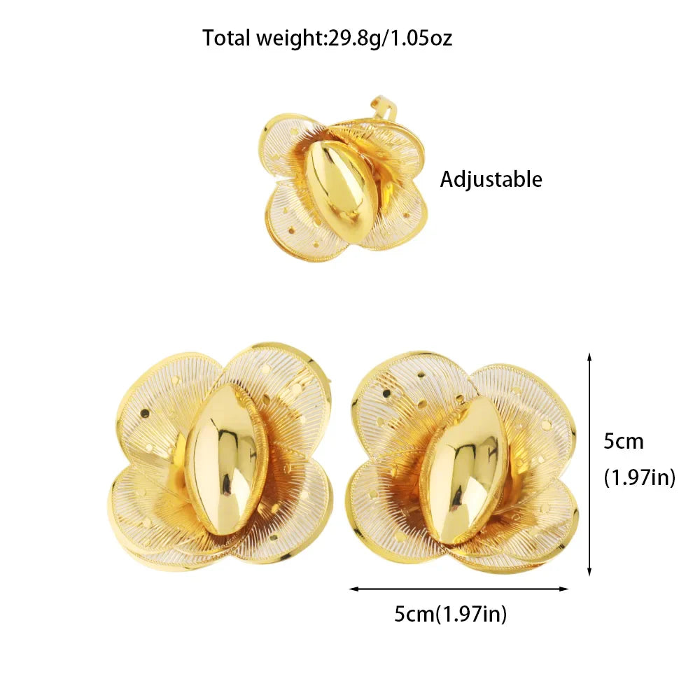 Luxury Exaggerated Gold Color Flower Shape Necklace Earrings Ring Bracelet Set for Women Jewelry Accessories Gift for Party