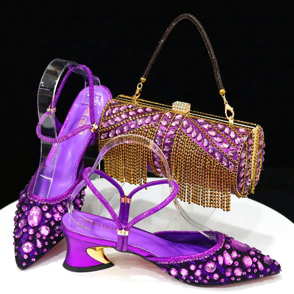 Women's Italian Diamond Lace Designer Matching Shoe and Bag Set