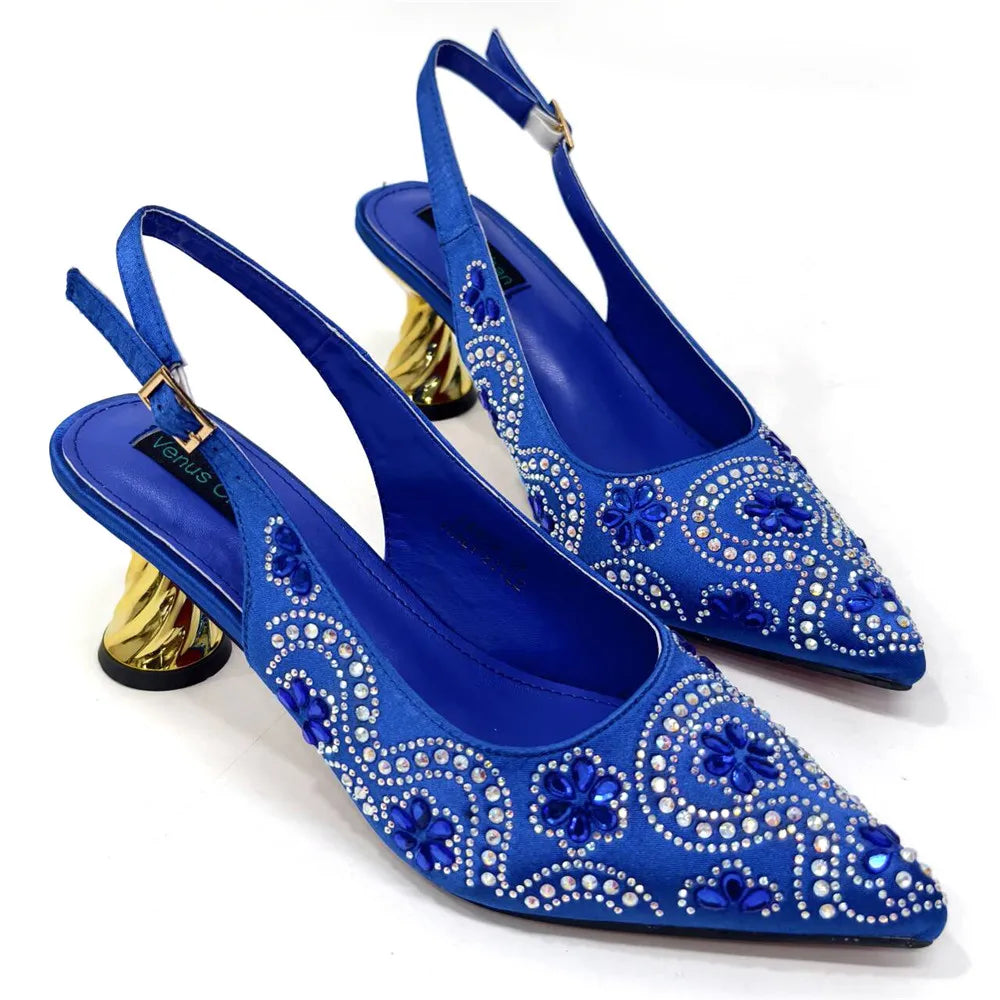 Elegant And Sexy Fuchsia Color High Heels Shoes And Bag With Rhinestone Embellished Toe Is Comfortable Women's Shoes For Party