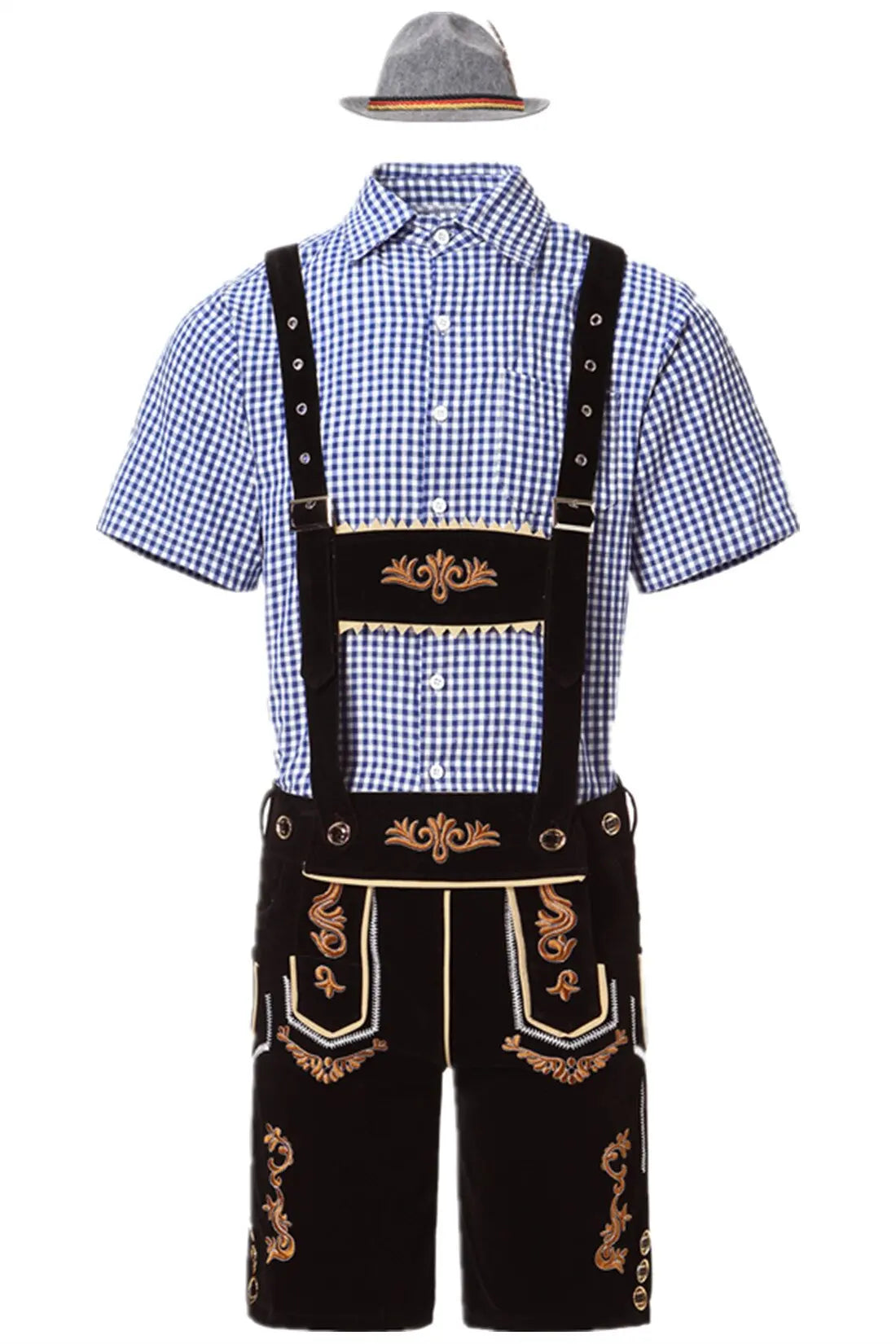 German Oktoberfest Lederhosen Short Sleeve Plaid Shirt Suspenders With Shirt Set & Hat