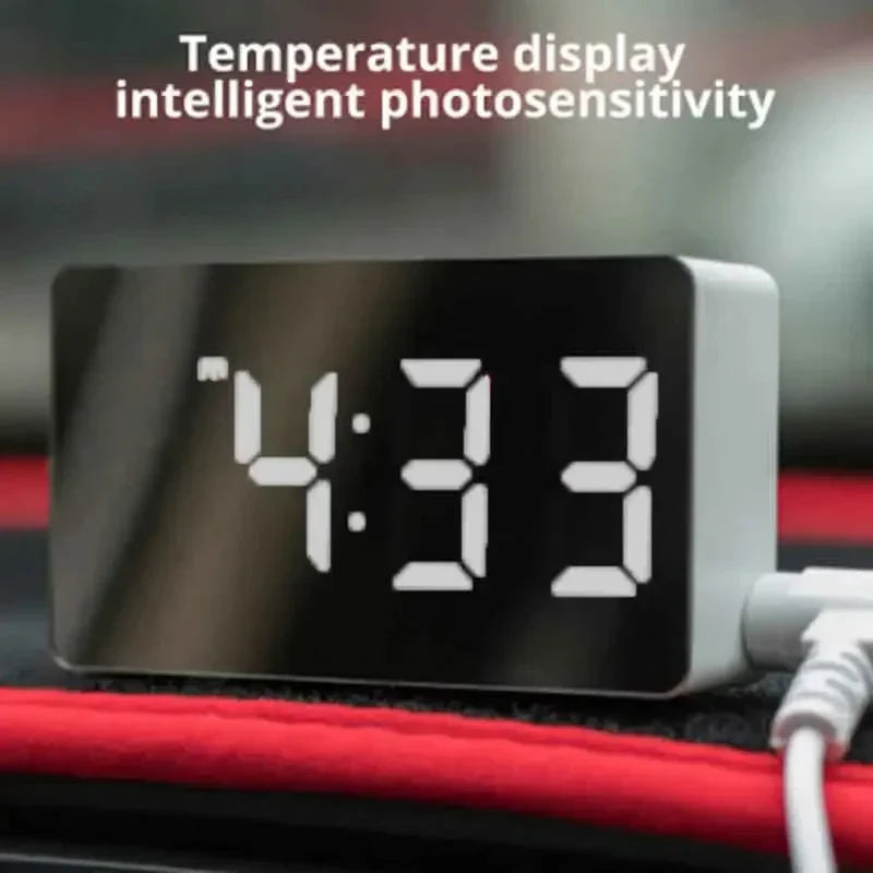 White LED Mirror Table Clock Snooze Display