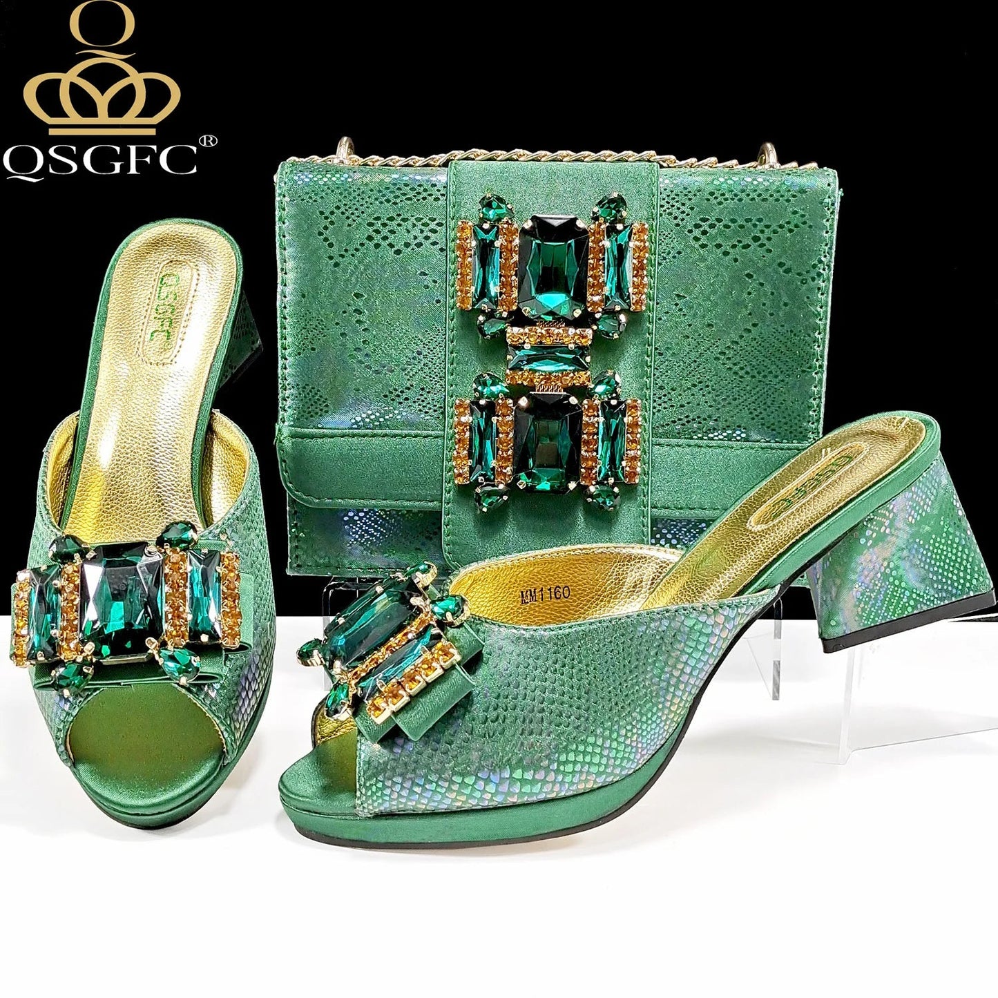 QSGFC Italian Sandals and Bags Matching Set 2024 Women Heel Party for Rose Gold Colour Wedding Bigger Size Thick Heel Shoes