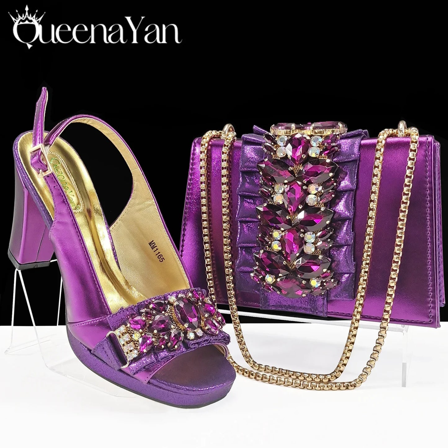 Queena Yan Spot goods INS Gold Color Elegant Women Heels Shoes and Bag Set Decoration Rhinestones Women High Heels Shoes