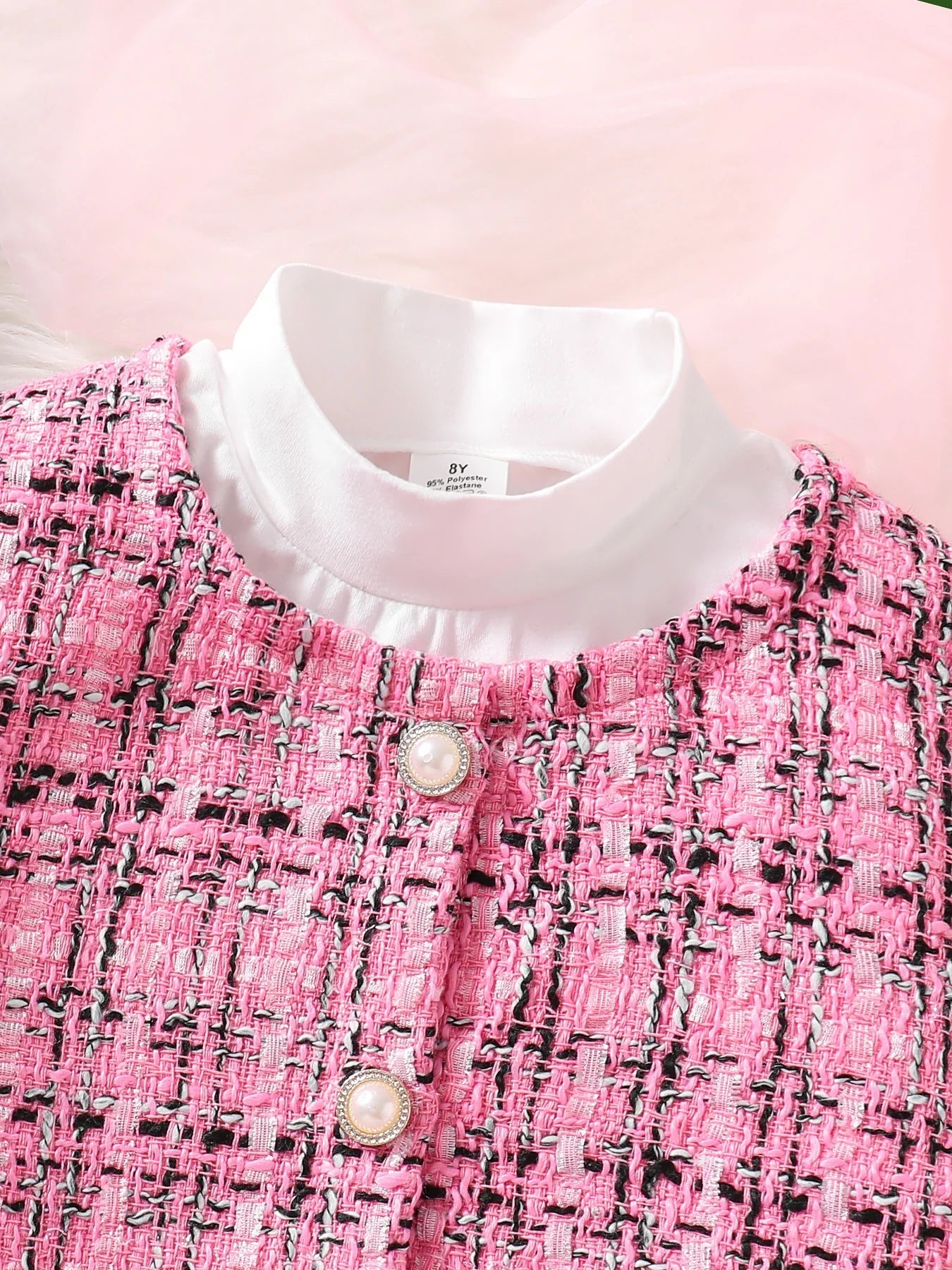 Children's Clothing Girls' Fashion Fragrance Set -3-Piece Set of Pink Checkered Coat, Pink Checkered Skirt, and Solid Color Shir