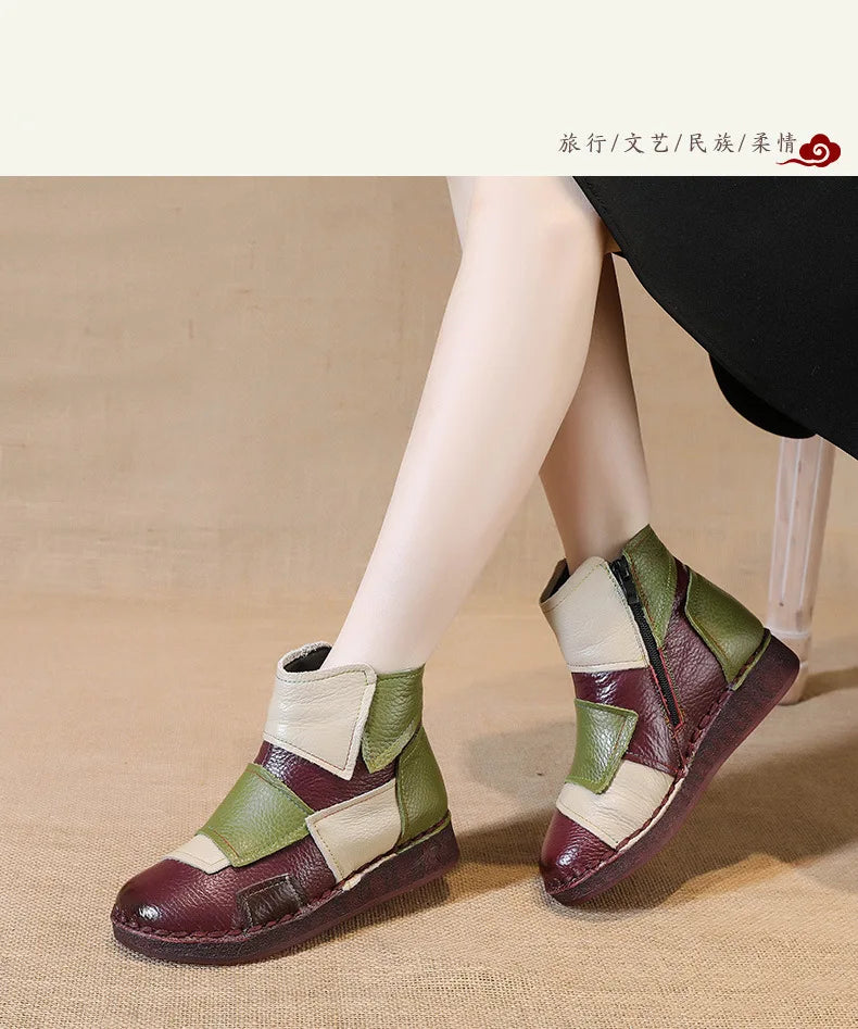 Winter Genuine Leather Flat-soled women shoes Casual shoes women Boots Color Matching Short Boots Warm Comfortable Cotton Shoes