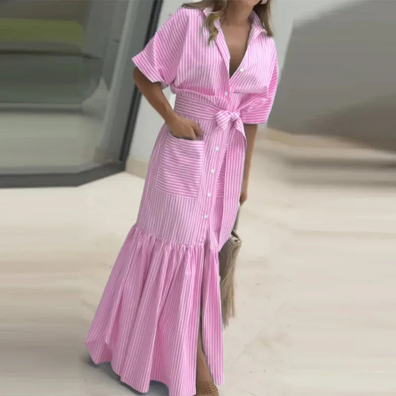 Elegant Striped Printing Short Sleeve Maxi Long Dress Casual Daily Shirt Dress 2025 VONDA Beach Party Sundress Bohemian Vestidos