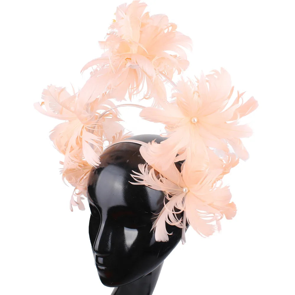 Elegant Women Wedding Hair Fascinator Accessories Headband Bridal Party Show Headwear Fancy Blue Feather Flower Hair Accessories