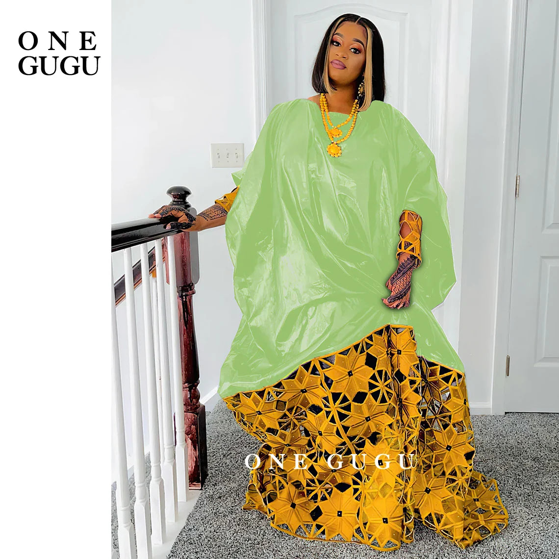 Gold and White African Bazin Rich Dress Robe For Noble Lady Wedding Party Gown White Nigerian Dashiki Robe Long Sleeves Dresses