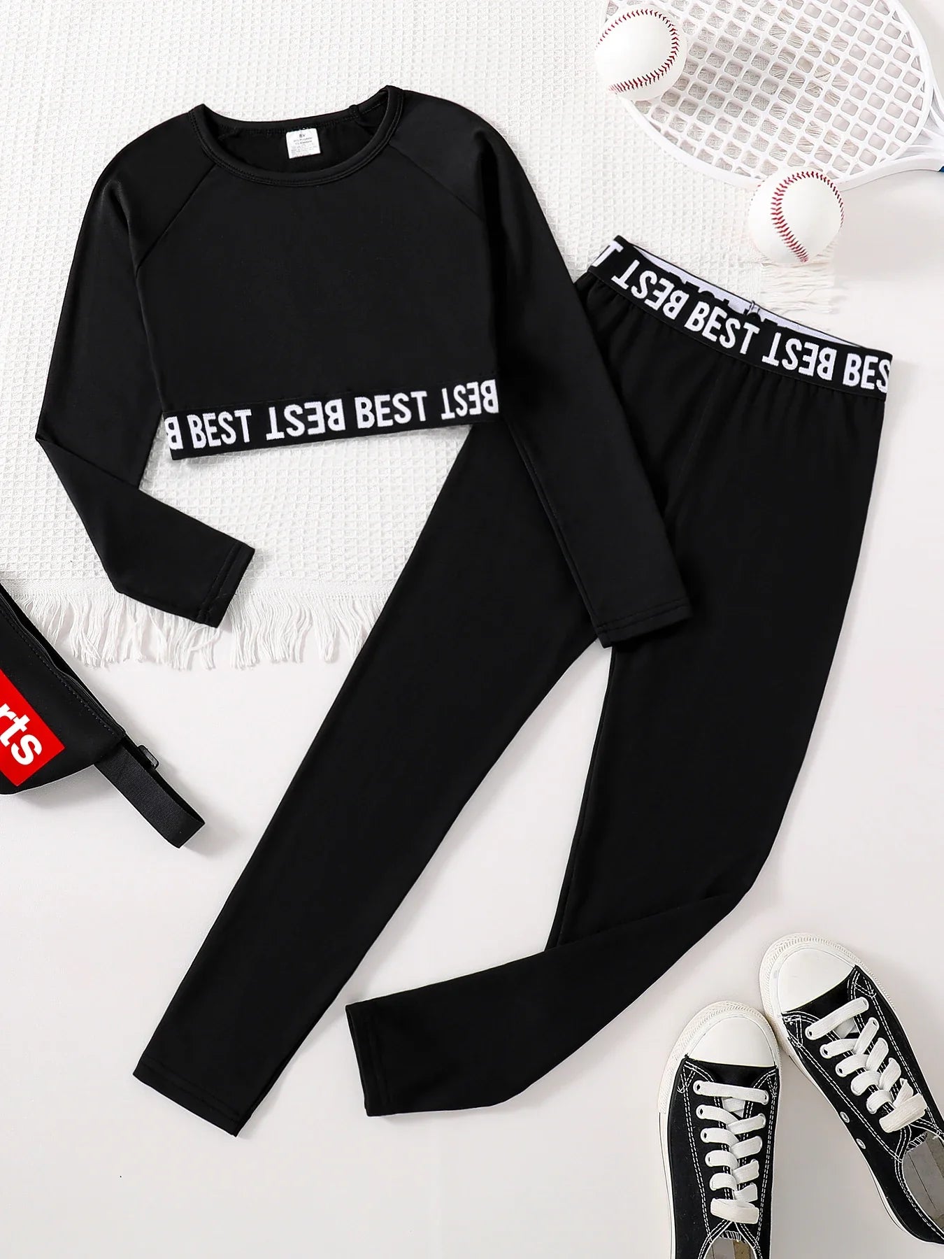 Children's clothing girls' fashion set with English printed round neck long sleeves and black slim fit pants 2-piece set