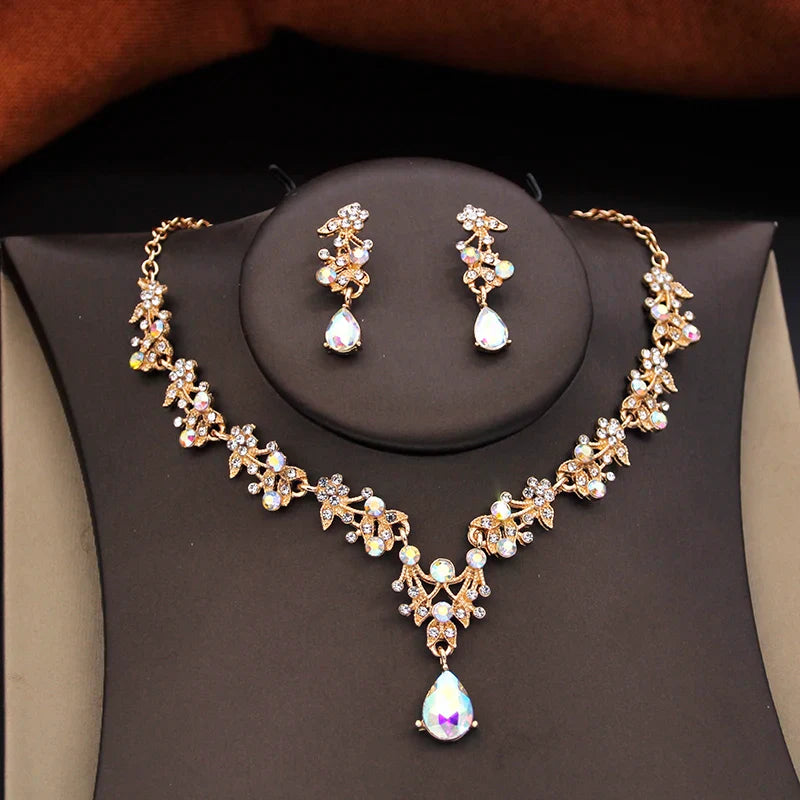 3 Pcs Princess Wedding Crown Jewelry Sets and Tiaras Green Pink Bride Necklace Earrings Set Girls Prom Birthday Accessory