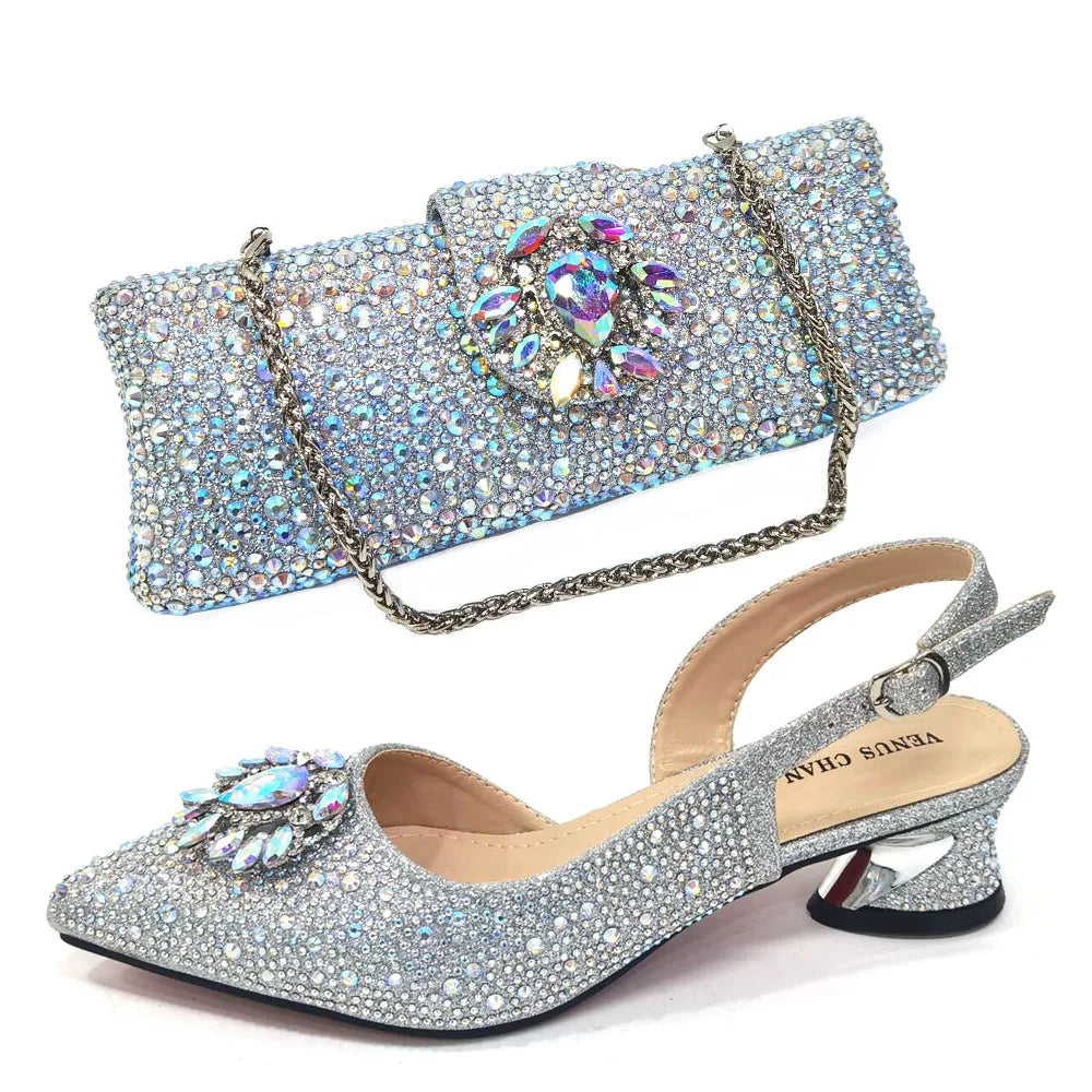 Elegant Women's Low Heels Italian Shoes And Bag Set