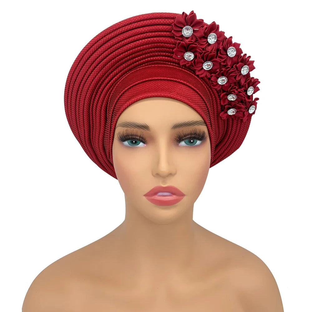 2024 New African Headtie Turban Nigeria Head Ties with Flowers Already Made Auto Gele Women Head Wraps for Wedding Party