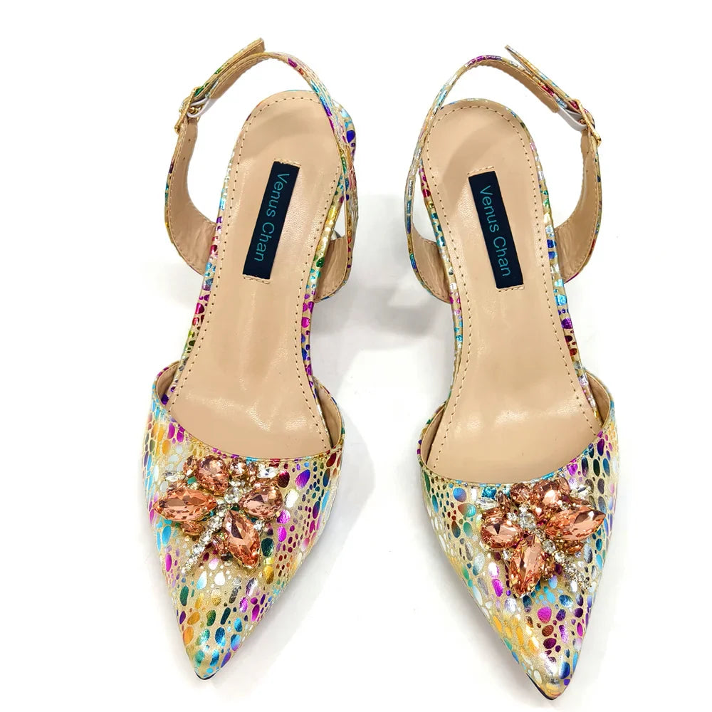 2024 Champagne Color Thin Heels Pointed Toe Crystal Design Ladies Shoes Matching Bag Set For Women Weeding Party Pump