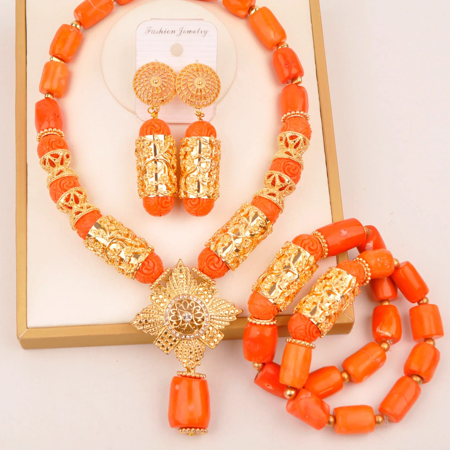 Natural coral beads orange necklace set for stylish Nigerian wedding couple African jewelry