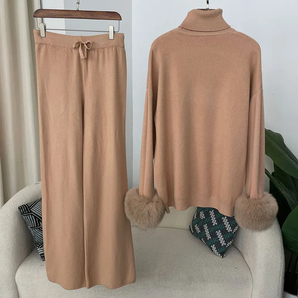 Fashion Autumn Winter Natural Real Fox Fur Cuffs Coat Knitted Sweater Women Long Pants Set Jacket Thick Warm