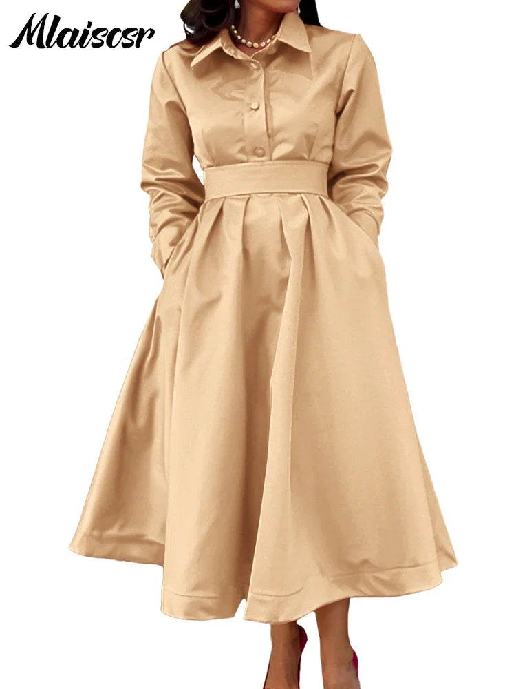 Mlaiscsr Lapel Button A Lint Khaki Mid Dress Women Elegant Office Long Sleeve Bandage Pocket Pleated Birthday Commuter Vestidos