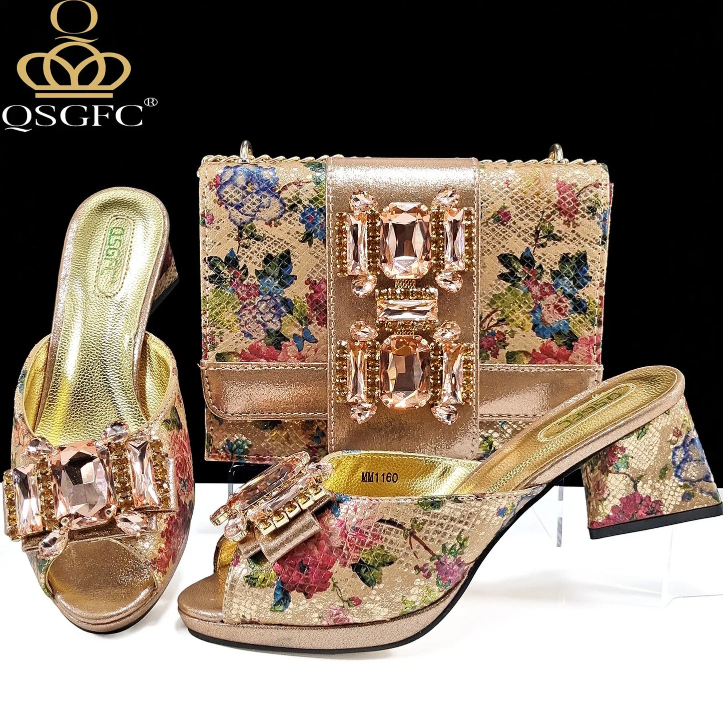 QSGFC Elegant Women Heels for Peep Toe Good Material Design Rhinestone Purple Sandals Italian Shoes and Bags Matching Set 2024
