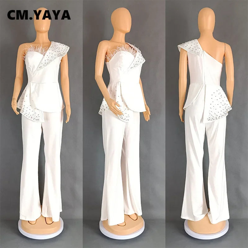 CM.YAYA Vintage Pearl Feather Sleeveless Patchwork Women Party Evening Prom Straight Jumpsuits 2024 Summer Sexy Playsuit Outfit
