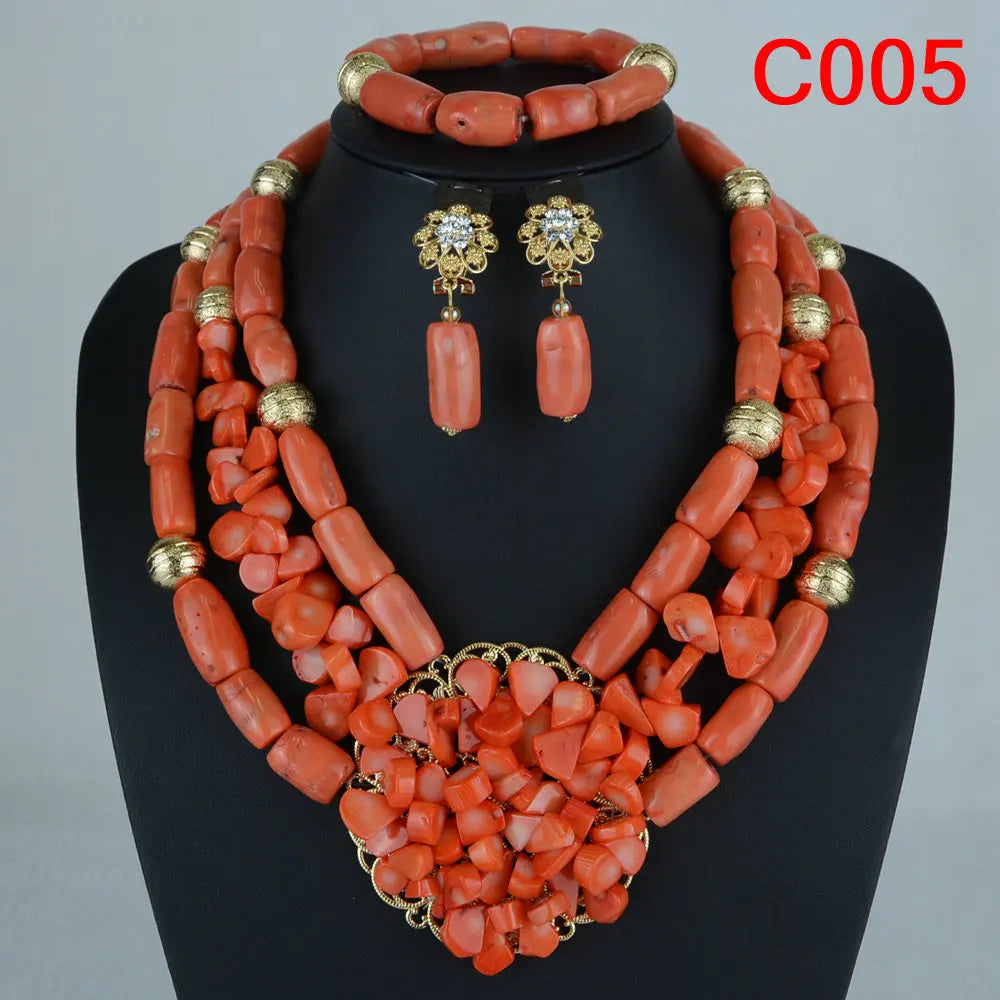 Latest Coral Jewelry Sets Nigerian Dubai Orange Necklace Sets of Beads African Bridal Jewelry Sets